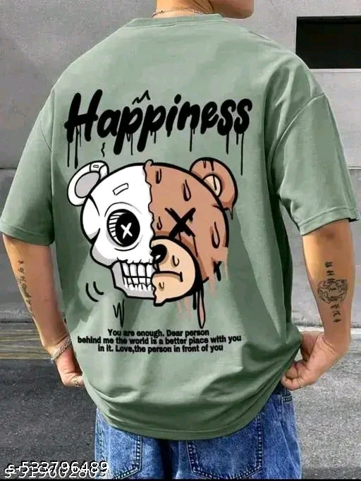 Trendy Oversized Streetwear T-Shirt – ‘Happiness’ Quote & Half Bear Skull Graphic