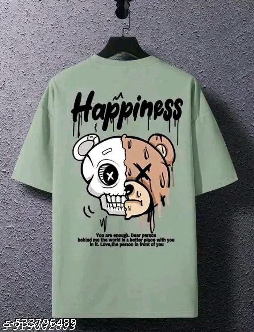 Trendy Oversized Streetwear T-Shirt – ‘Happiness’ Quote & Half Bear Skull Graphic